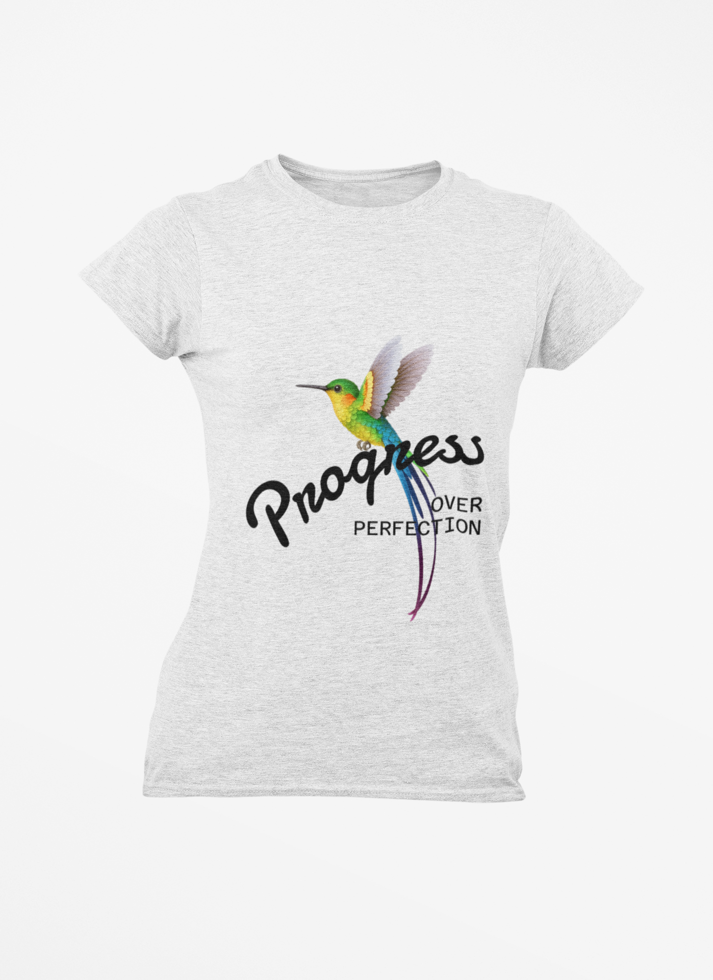 Inspirational Hummingbird Tee - Progress Over Perfection, Motivational Gift, Women's Casual Shirt, Trendy Graphic Tee, Summer Fashion