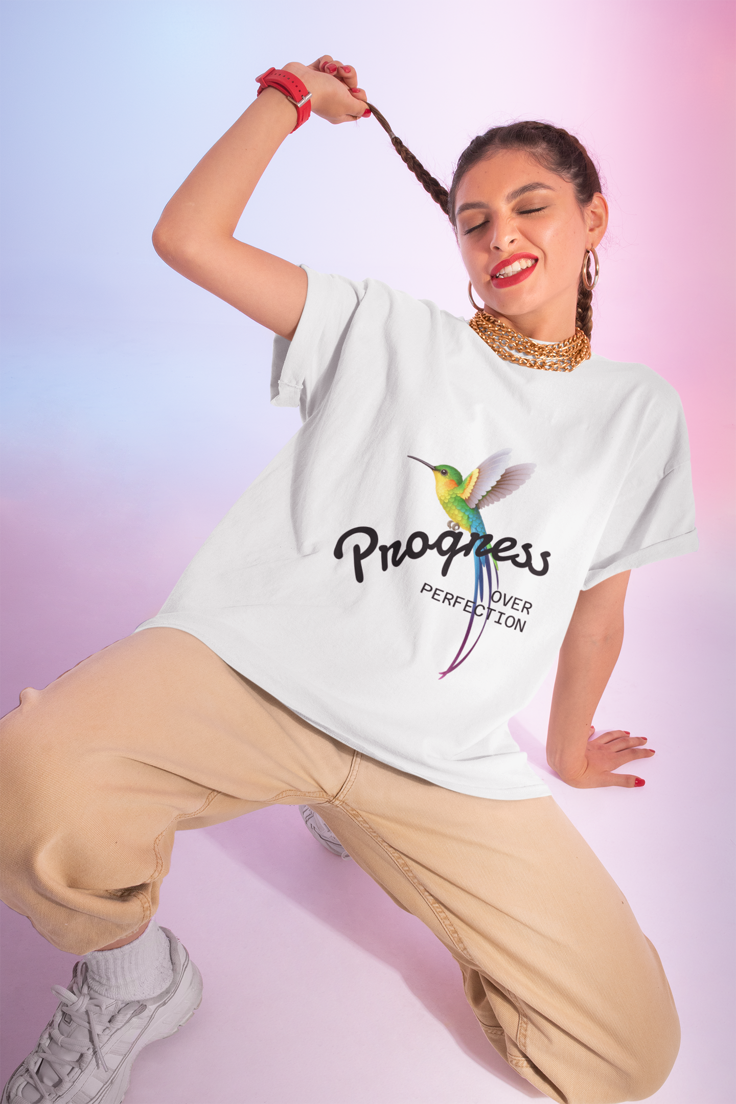 Inspirational Hummingbird Tee - Progress Over Perfection, Motivational Gift, Women's Casual Shirt, Trendy Graphic Tee, Summer Fashion