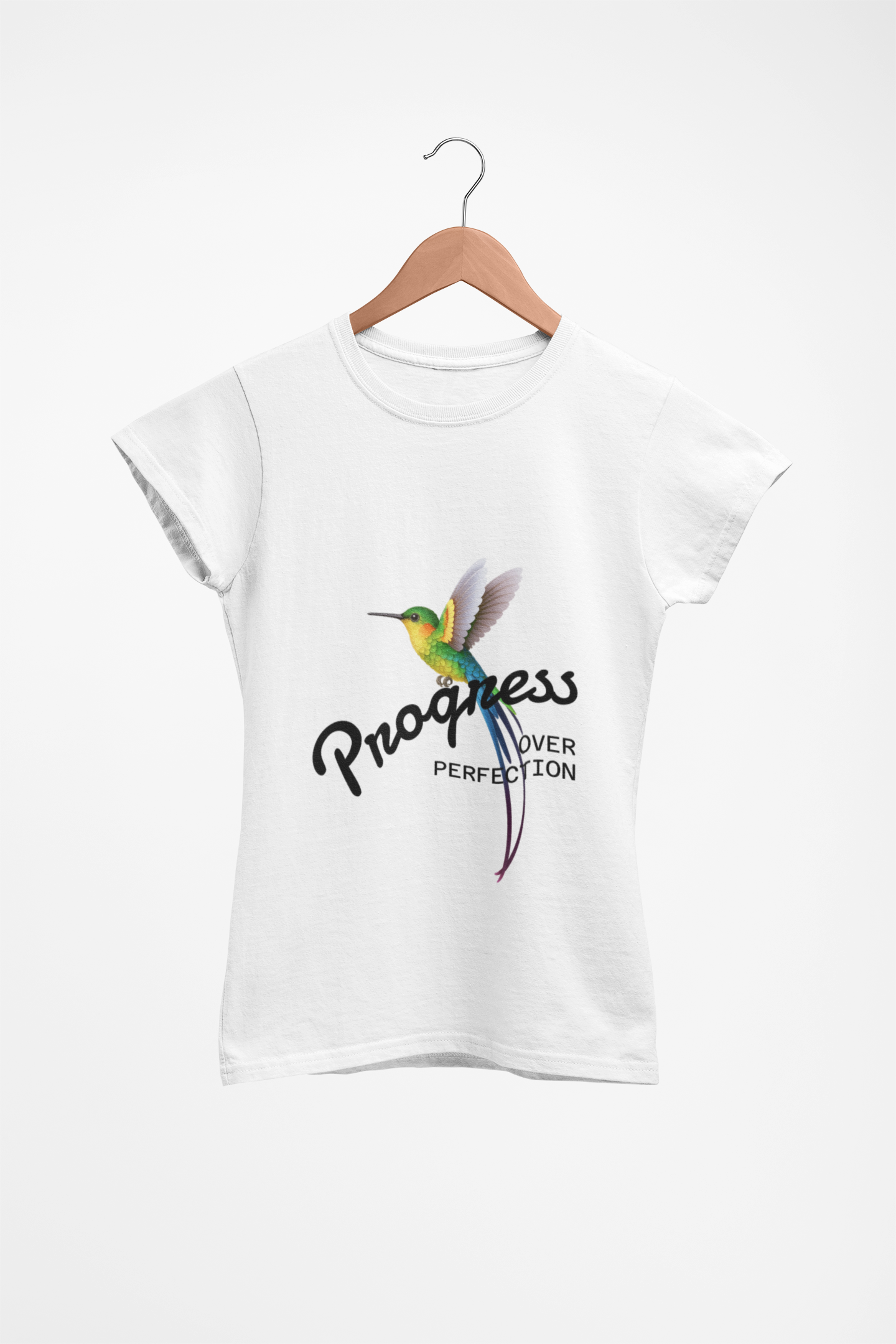 Inspirational Hummingbird Tee - Progress Over Perfection, Motivational Gift, Women's Casual Shirt, Trendy Graphic Tee, Summer Fashion