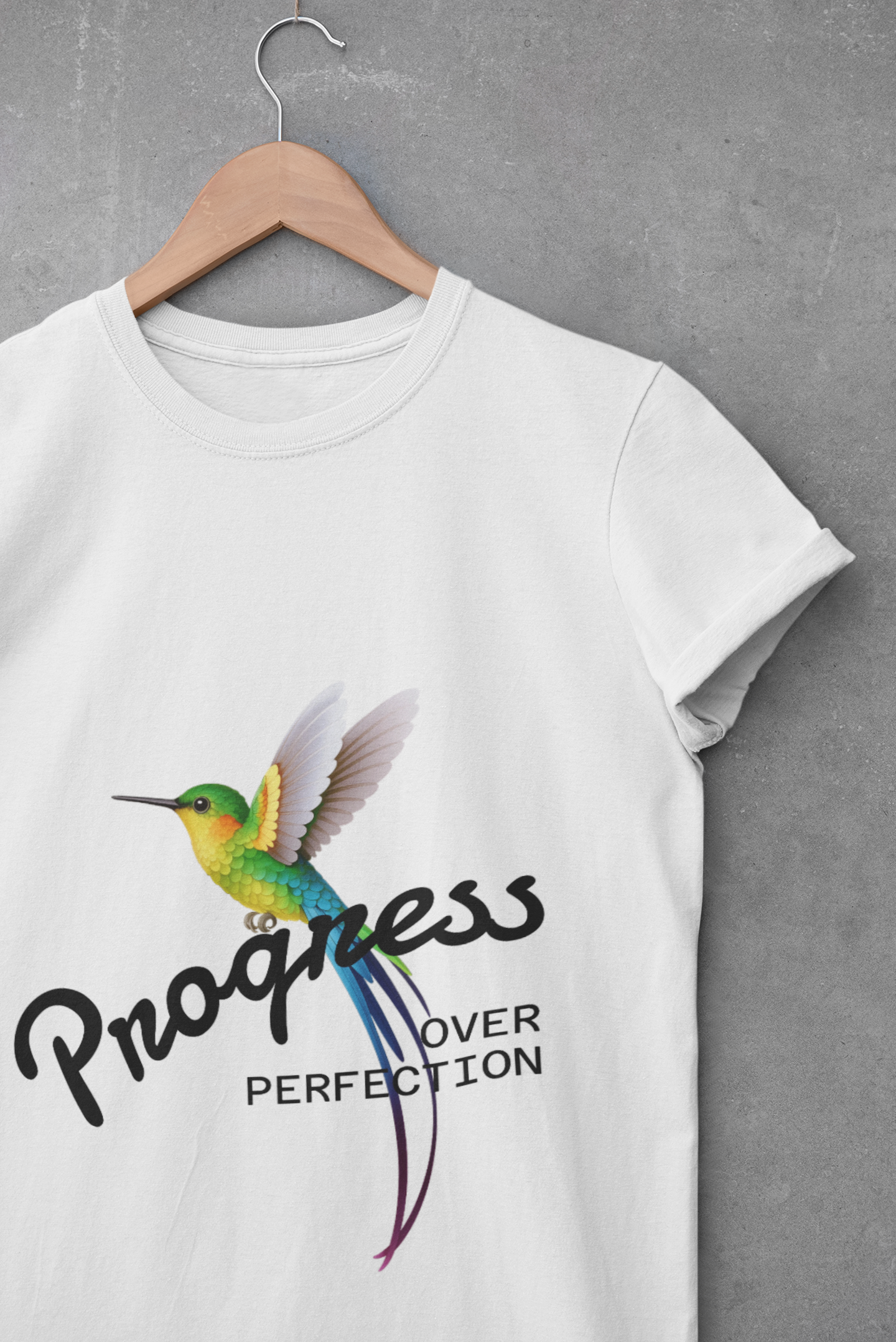 Inspirational Hummingbird Tee - Progress Over Perfection, Motivational Gift, Women's Casual Shirt, Trendy Graphic Tee, Summer Fashion